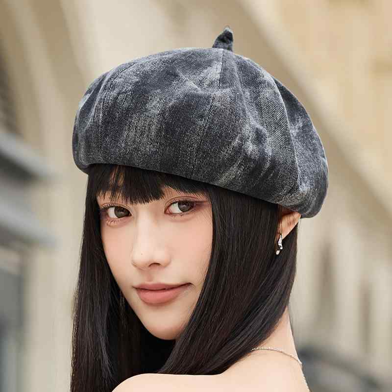 ベレー帽 デニム タイダイ 復古 春秋 ファッション 顔映り 小八角 大きめ頭囲対応 ユニセックス カジュ..