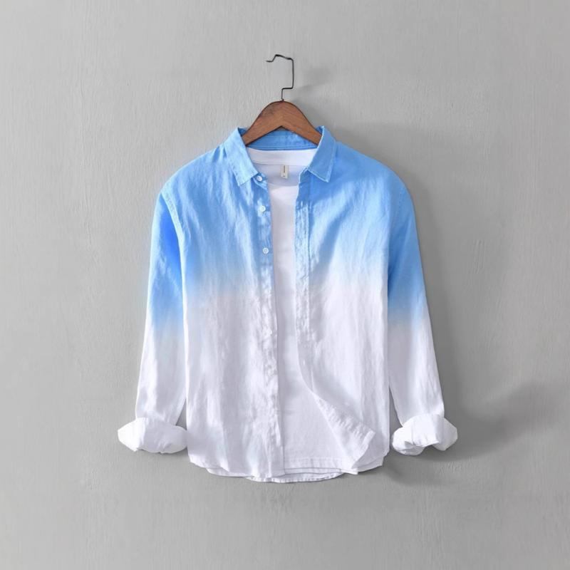 Long-Sleeve - 長袖シャツ メンズ 麻 カジュアル 通気性 グラデーション 切り替え 個性 デザイン トップス アウトドア 通勤 吸湿速乾 軽量 ハイネック スタイリッシュ ラウンドネック ボタンシャツ スリムフィット ゆったりシルエット