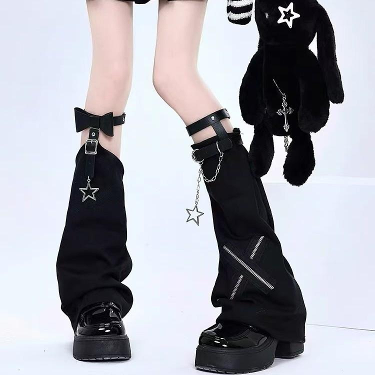 レディース ダークパンク Y2K 十字架チェーン 革バックル ブラック 個性 レッグカバー ルーズソックス セクシーガール ストリートファッション