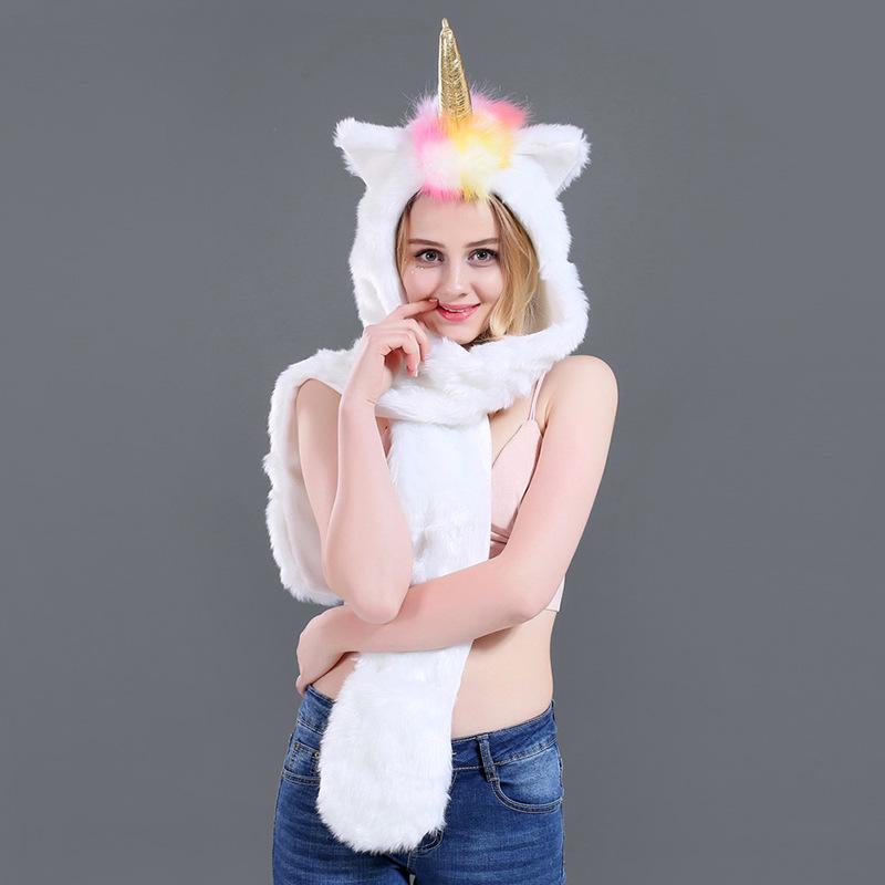 Knit Hat - キッズ帽子セット 動物モチーフ ユニコーン フェイクファー ストール 手袋一体 ステージ コスプレ かわいい 仮装 アクセサリー 通年