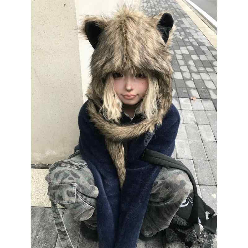 Knit Hat - ファー帽子 レディース スカーフ グローブ セット かわいい 狐毛 プラッシュ フェイクファー 秋冬 パンク 柔らか 暖か コーデ 毛皮風 ウィンター スタイル かわいい アクセサリー ヘッドウェア ネックウェア ハンドウェア 組み合わせ モコモコ