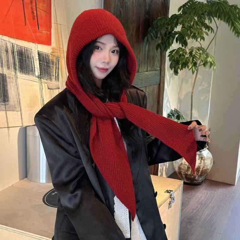 Rakuten - 秋冬 レディース ニット帽子 ショール 一体 厚手 保温 首元保護 無地 両用 アウター レイヤード