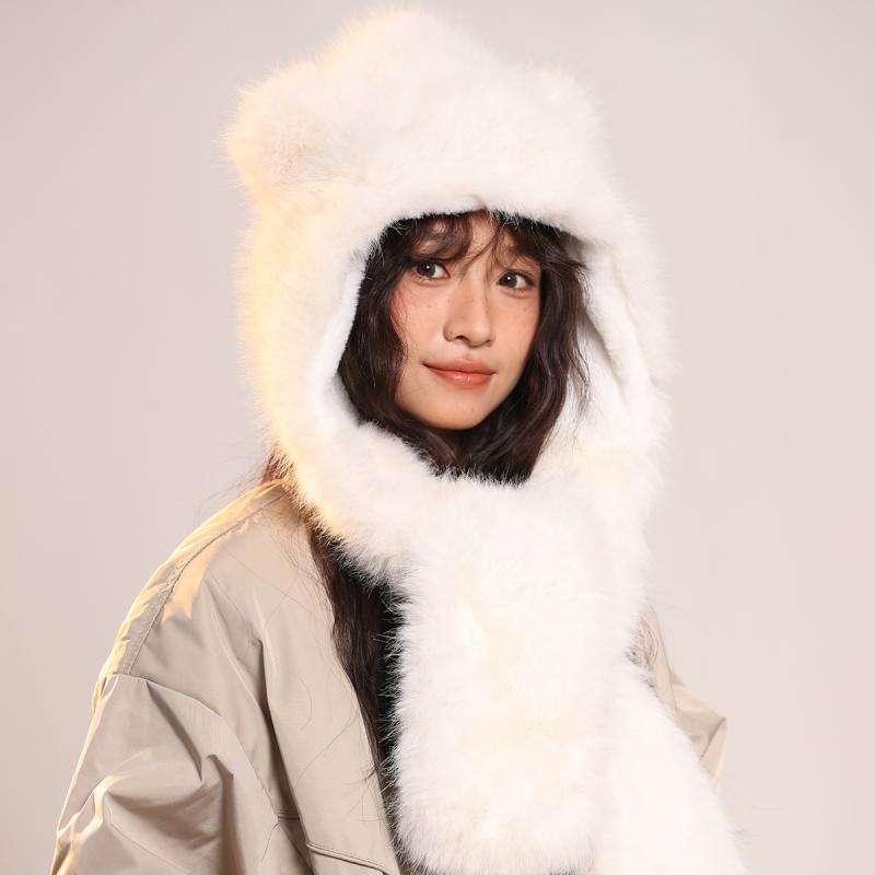 レディース 耳付き帽子 スカーフ一体 秋冬 かわいい 暖か 厚手 アウトドア もこもこ素材 保暖 護耳