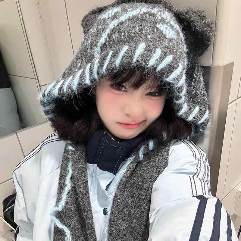 ニット帽 レディース ベア耳付き 帽子スカーフ一体 秋冬 厚手保暖 耳カバー かわいい 防寒 ニット素材 暖か 通勤 通学 日常使い 軽量 柔らか