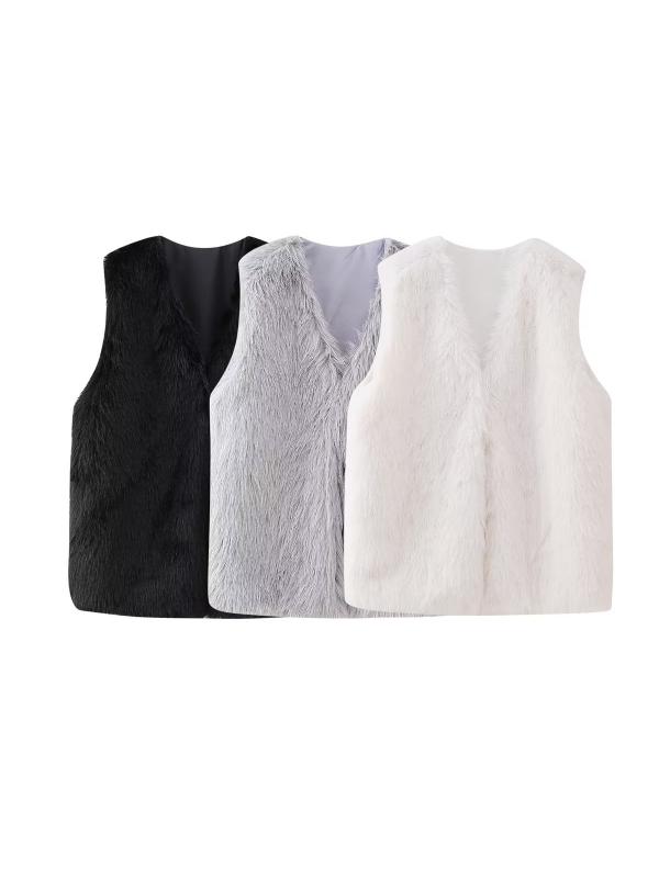 レディース 秋冬 厚手保暖 フェイクファー 毛绒 ベスト 純色 アウター インナー 切り替え デザイン 軽量 吸湿速乾 再生繊維 素材 高級感 ハイウエスト スタイル 通勤 通学 アウトドア 部屋着 用途