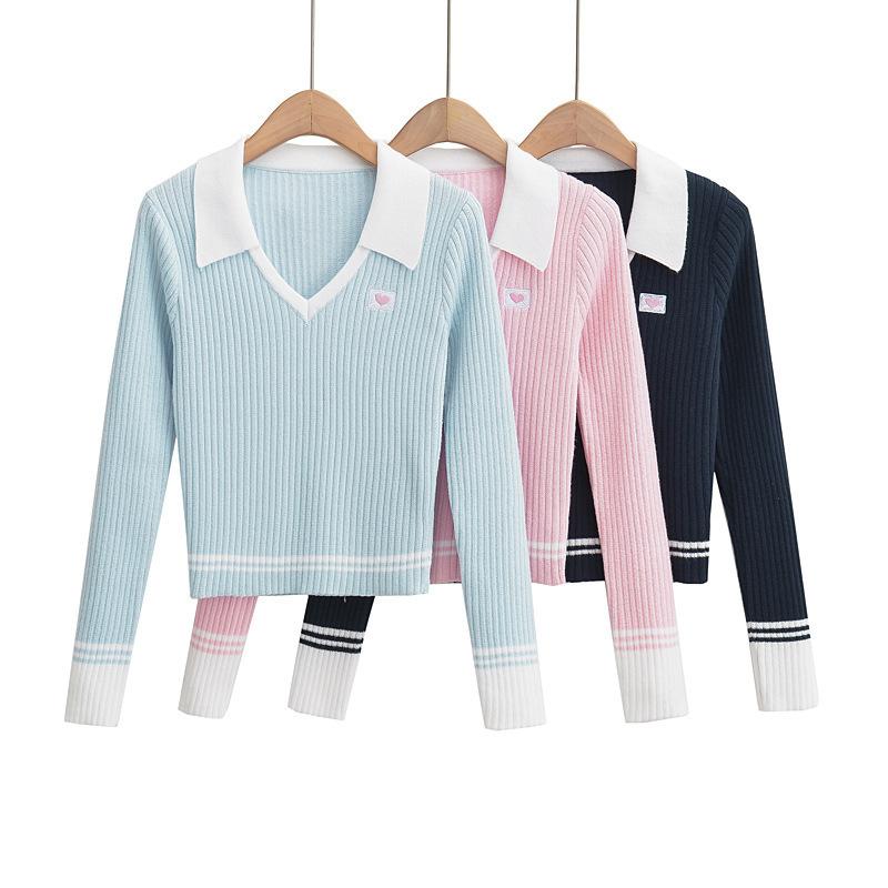 ニットシャツ レディース 秋冬 ポロ襟 ハート刺繍 配色 修身 ウエストイン 伸縮性 インナー トップス かわいい スリムフィット 弾力素材 日常使い