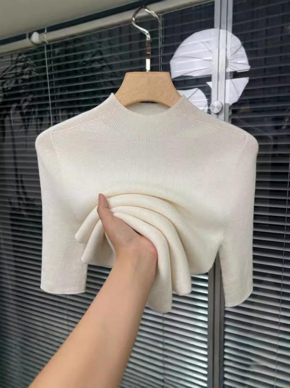 レディース ニットトップス 半ハイネック 半袖 タイトフィット インナー 気質 上品 春秋 通勤 吸湿速乾 軽量 綿混 ブラック系 ピンク系