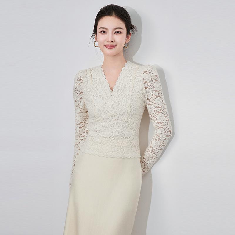 レディース 秋冬 ニットシャツ Vネック 長袖 レース花辺 起毛加工 暖か インナー スリムフィット 接触冷感 吸湿速乾