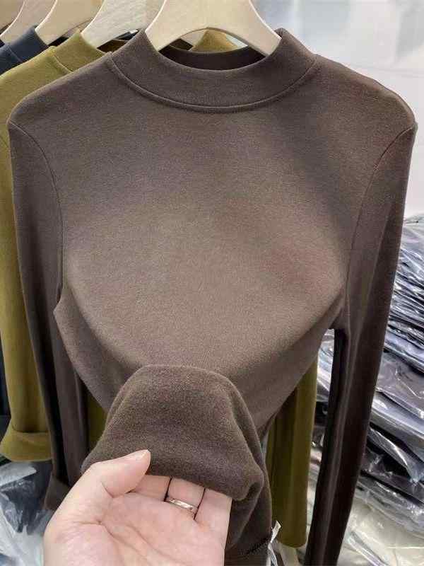Rakuten - 秋冬 レディース 長袖Tシャツ ハーフハイネック フリース インナー スリムフィット 修身 超柔軟素材 暖か 吸湿速乾 7色 純色 トップス 通勤 部屋着