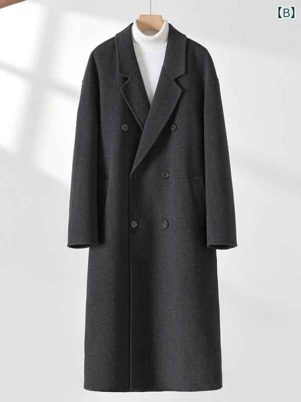 コート メンズ 秋冬 ロング丈 膝下丈 ダブルブレスト ルーズフィット 韓国風 羊毛 ウール 風衣
