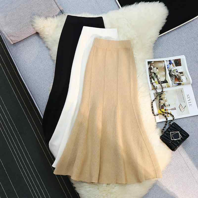 スカート レディース 秋冬 ハイウエスト 厚手 ニット 荷葉辺 中長丈 魚尾 包臀 百搭 セーター コーデ タイト フレア 暖か 伸縮性 裏起毛 膝丈 ロング 膝下 スタイリッシュ フェミニン カジュアル フォーマル デート 通勤 デイリー 着回し レイ
