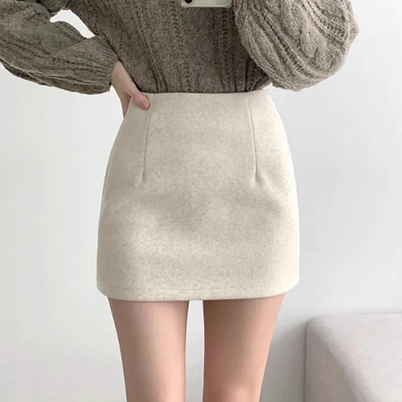 スカート レディース 秋冬 杏色 ウール ミディ ヒップラップ ペンシル 通勤 小柄対応 コーディネート 百搭 膝丈 タイト フェミニン スタイリッシュ 暖か 柔らか 素材 再生繊維 混紡