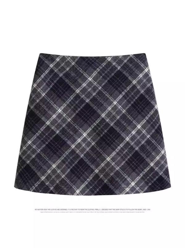 スカート レディース 秋冬 レトロ ハイウエスト チェック柄 Aライン 包臀 ショート ウール ビッグサイズ ぽっちゃり対応 百搭