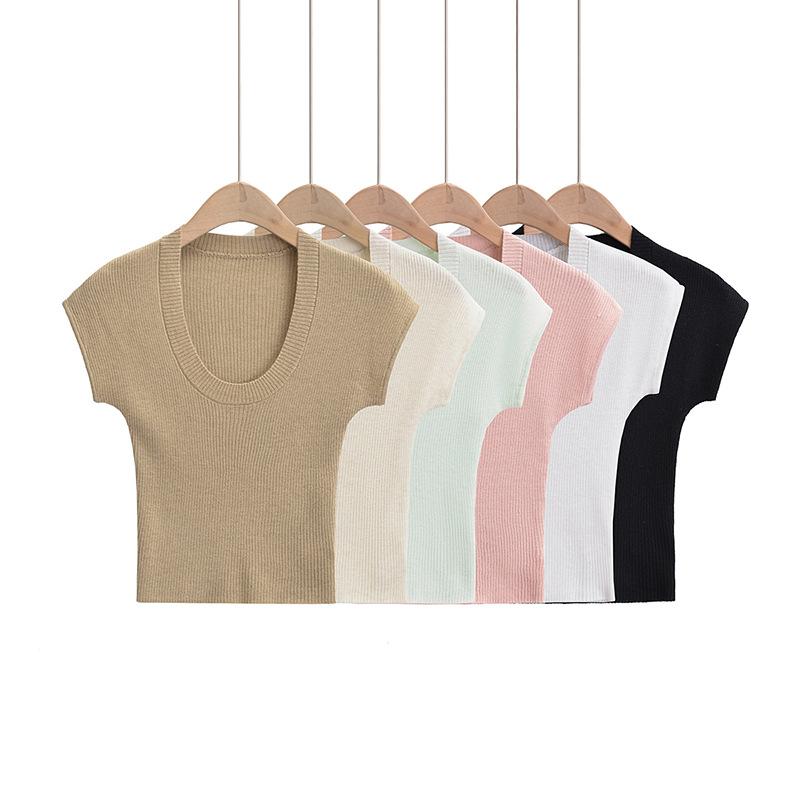 レディース 春夏 短袖 ニット Tシャツ 薄手 インナー 低めネックライン シンプル 修身 スリムフィット かわいい トップス
