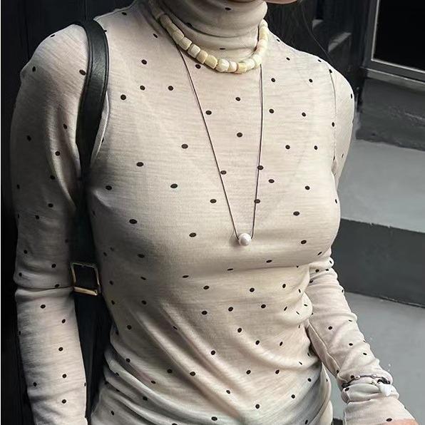 トップス レディース 秋冬 ハイネック 長袖 ベージュ ポルカドット メリノ羊毛 スリム フィット インナー 重ね着 レイヤード 通勤 オフィス 日常 保温 素材