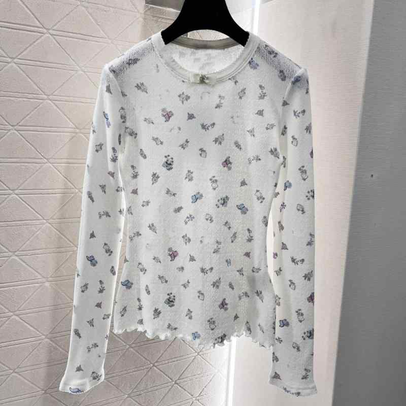 秋冬 レディース 長袖 トップス 蝶結び 花柄 プリント クルーネック インナー 軽量 吸湿速乾 コットン 素材 ブラック ピンク系 かわいい デザイン 通勤 通学 部屋着