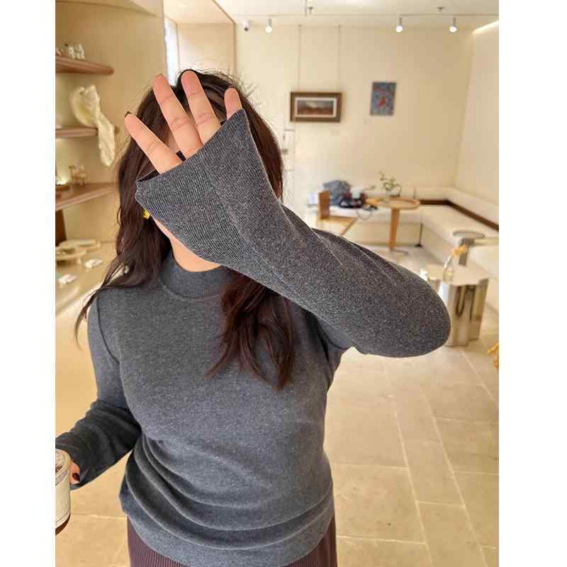 秋冬 レディース ニット トップス ハーフハイネック 大きめサイズ フィット ベーシック インナー 合わせやすい 日常使い 吸湿速乾 軽量 再生繊維 ブラック グレー