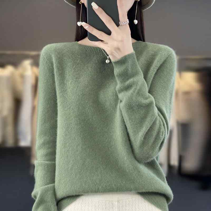 Long-Sleeved Knit - レディース ニットセーター 丸首 純色 ウール シンプル 上品 インナー ベースレイヤー 秋冬 通勤 通学 部屋着 吸湿速乾 高級感