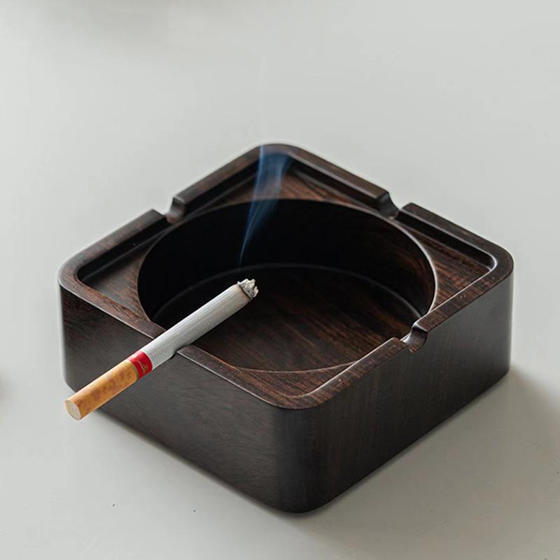 灰皿 黒檀 実木 四角形 蓋付き 家庭用 オフィス用 防風 飛散防止 インテリア 飾り物 天然素材 デスクア..