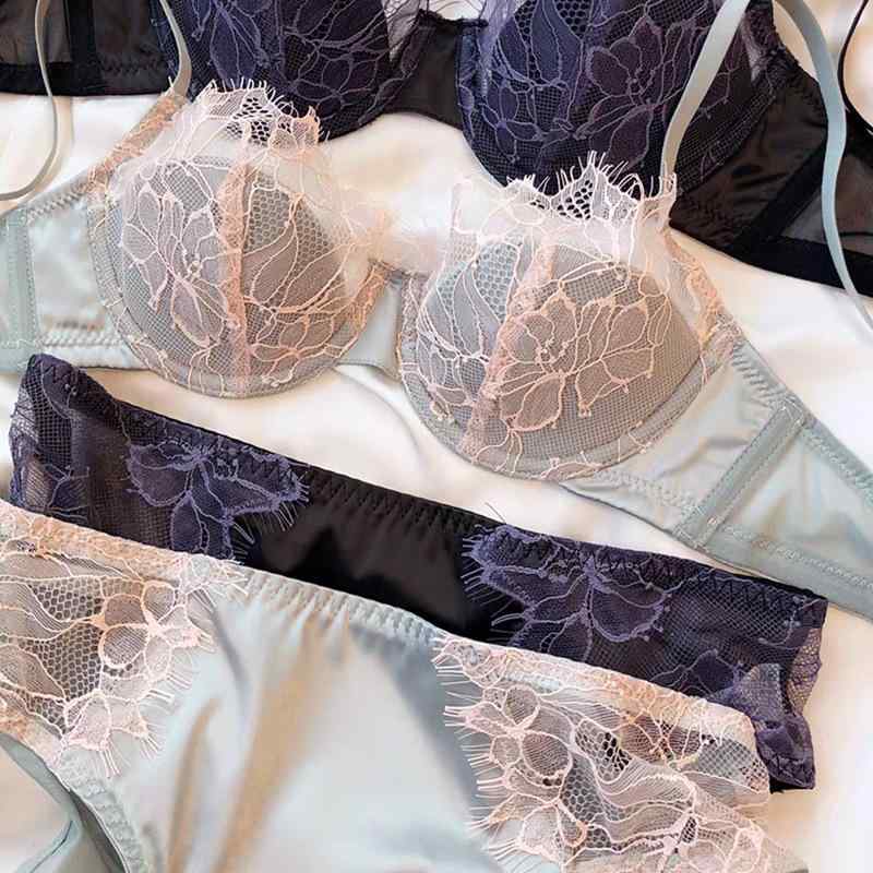 レディース セクシー ランジェリー ブラジャーセット フレンチスタイル まつ毛レース ハーフカップ 薄手 ソフトワイヤー リフトアップ 誘惑 デザイン