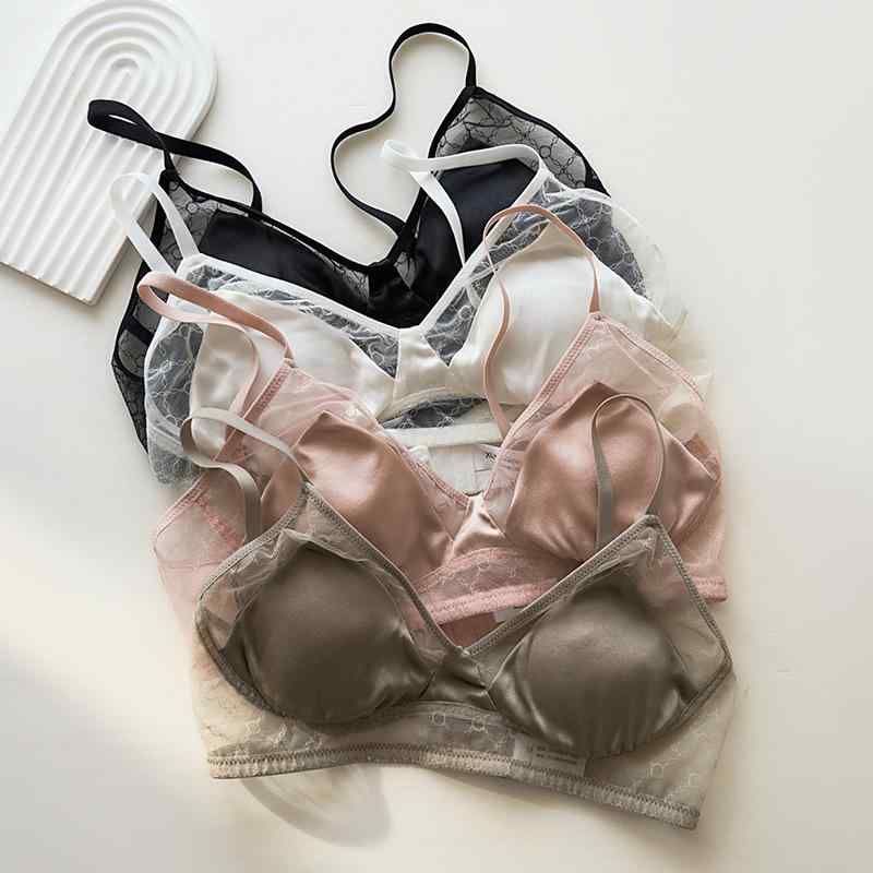 ブラジャー レディース 春夏 ノンワイヤー 絹 薄手 快適 フレンチスタイル 三角カップ インナー 吸湿速..