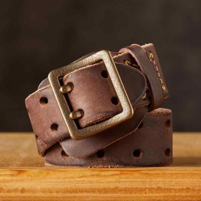 メンズ ベルト 本革 レトロ ダブルステッチ 銅バックル 手作り 厚手 汎用 ファッション 個性 腰帯 スタイリッシュ 牛革 真皮 加工