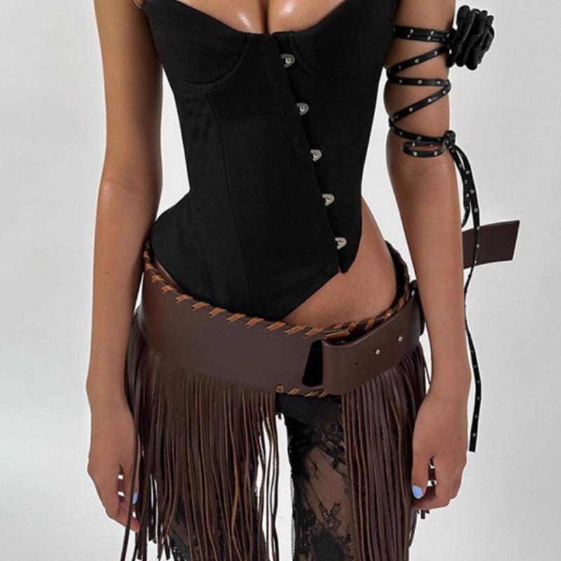 ワイドベルト レディース フリンジ パンク ロック スタイル 紐 ストラップ バインダー 腰帯 腰封 コルセット風 欧米風 カジュアル ファッション アクセサリー ストリートファッション