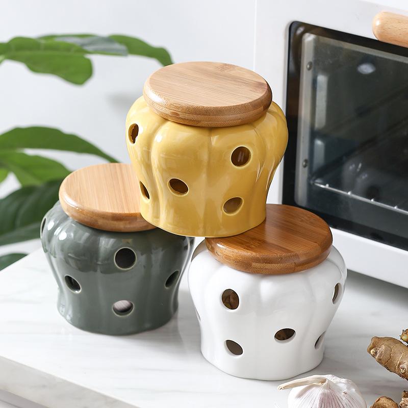Rakuten - キッチン用品 保存容器 キャニスター 陶器 通気性 穴あき にんにく 生姜 唐辛子 ストッカー おしゃれ かわいい インテリア 調味料入れ 野菜ストッカー 常温保存 湿気対策 通気 卓上 収納 整理
