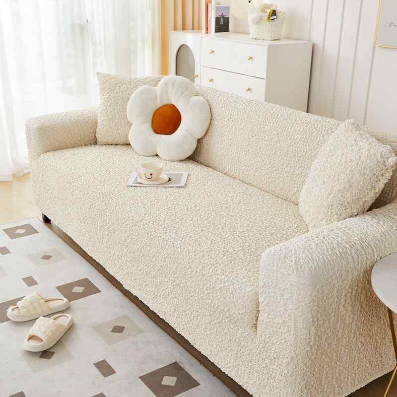 ソファカバー フルカバー 弾力 一体型 クリーム色 ふわふわチュール素材 猫爪対策 汎用 リビング 家庭用 耐久 伸縮 保護