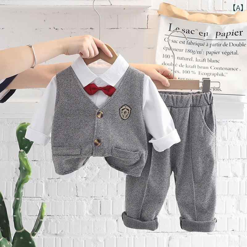 秋冬 キッズ 男の子 襟付き シングルブレスト シャツ ベスト スーツセット 紳士風 スタイリッシュ 幼児服 通学 お出かけ 軽量 綿素材 ブラック系