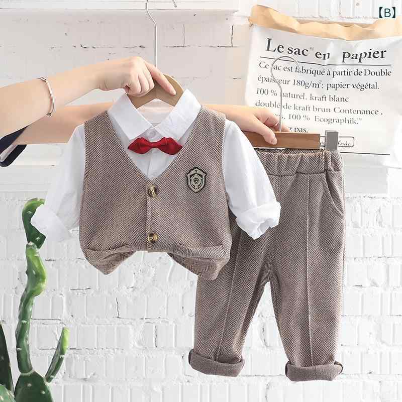 秋冬 キッズ 男の子 襟付き シングルブレスト シャツ ベスト スーツセット 紳士風 スタイリッシュ 幼児服 通学 お出かけ 軽量 綿素材 ブラック系