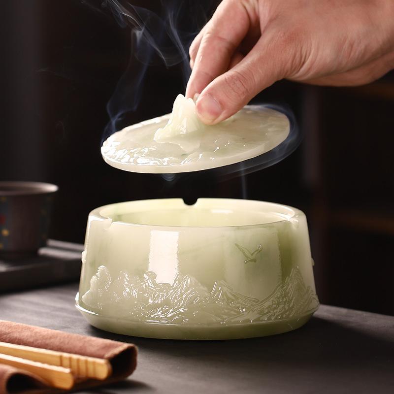 灰皿 浮き彫り 山岳デザイン 大型 蓋付き 灰飛び防止 高級感 個性的 ティーテーブル 飾り 茶具 アクセ..