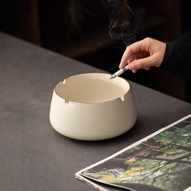 灰皿 家庭用 陶器 米黄 グラデーション 白 防煙 大容量 セラミック デザイン インテリア 置き型 煙飛び..