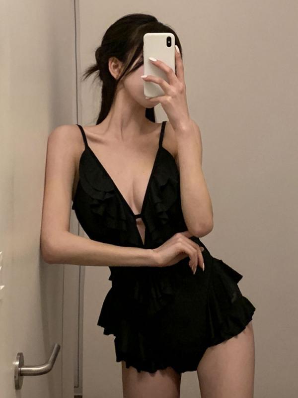 ワンピース水着 レディース ブラック 深Vネック フリル 高級感 純欲スタイル 無地 背中開き 温泉用 セクシー 小胸 大胸対応