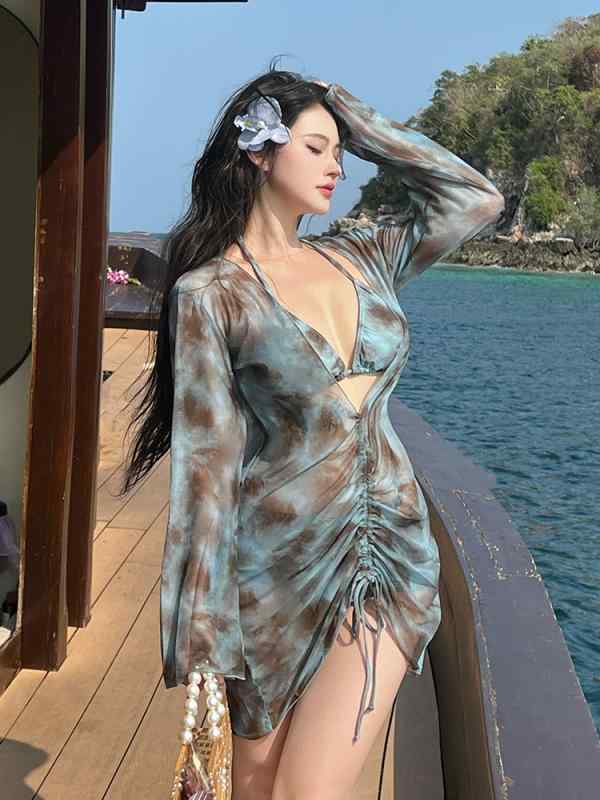 水着 レディース 大きいサイズ リゾート ビキニ セクシー 3点セット セパレート 長袖カバーアップ 純欲風 お腹カバー スリム効果 接触冷感 吸湿速乾
