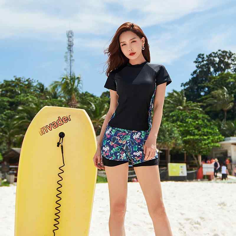 レディース 水着 セパレート 短袖 フラワー柄 切り替え 保守 スリム UVカット ダイビング 温泉 リゾート スイムウェア