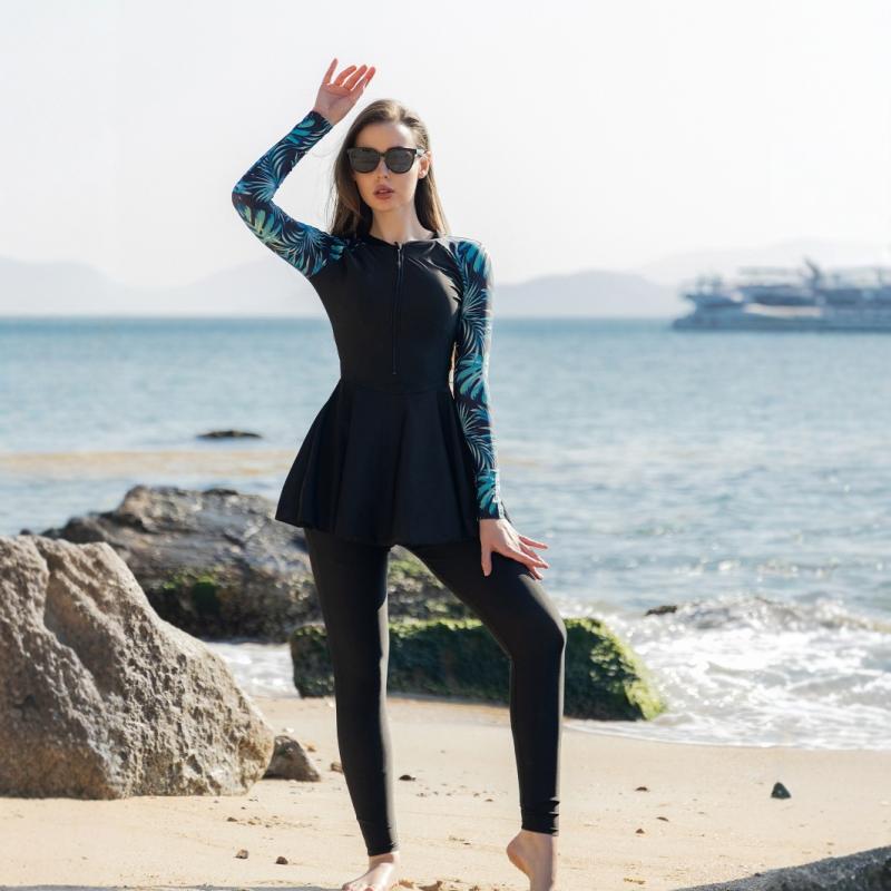 ダイビングスーツ レディース スカート式 連体 長袖 ロングパンツ スリム お腹カバー 春夏 大きめサイズ フルボディ 露出少なめ