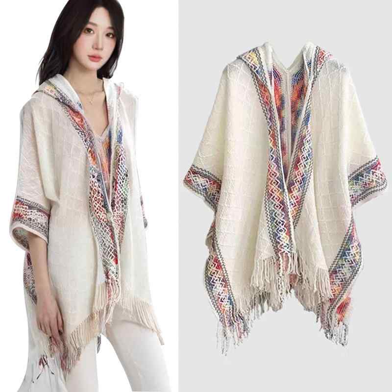 レディース ショール エスニック ケープ ポンチョ フリンジ デザイン 春夏 旅行 リゾート 室内 外出 万..