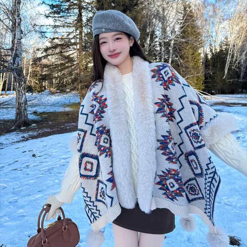 ショール 男女兼用 秋冬 エスニック風 民族スタイル 厚手 毛領フード ポンポン飾り 暖か 菱形パターン ..