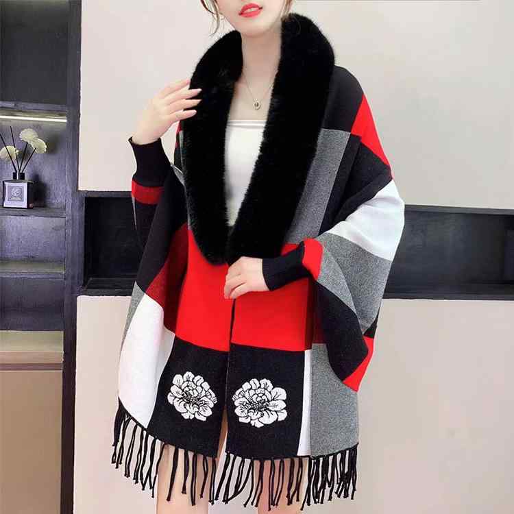 秋冬 レディース ニット ショール 大型ファー襟 袖付き 暖か アウター ケープ 切り替え デザイン