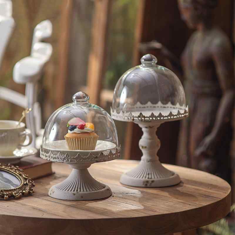 デザートトレイ 透明ケーキカバー 付き ビンテージ風 鉄製 お菓子皿 フルーツボウル 雰囲気デコレーシ..