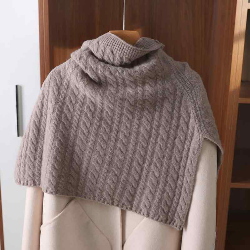 秋冬 レディース 羊毛 ニット ショール ケープ ハイネック 保温 加厚 開叉 プルオーバー スカーフ