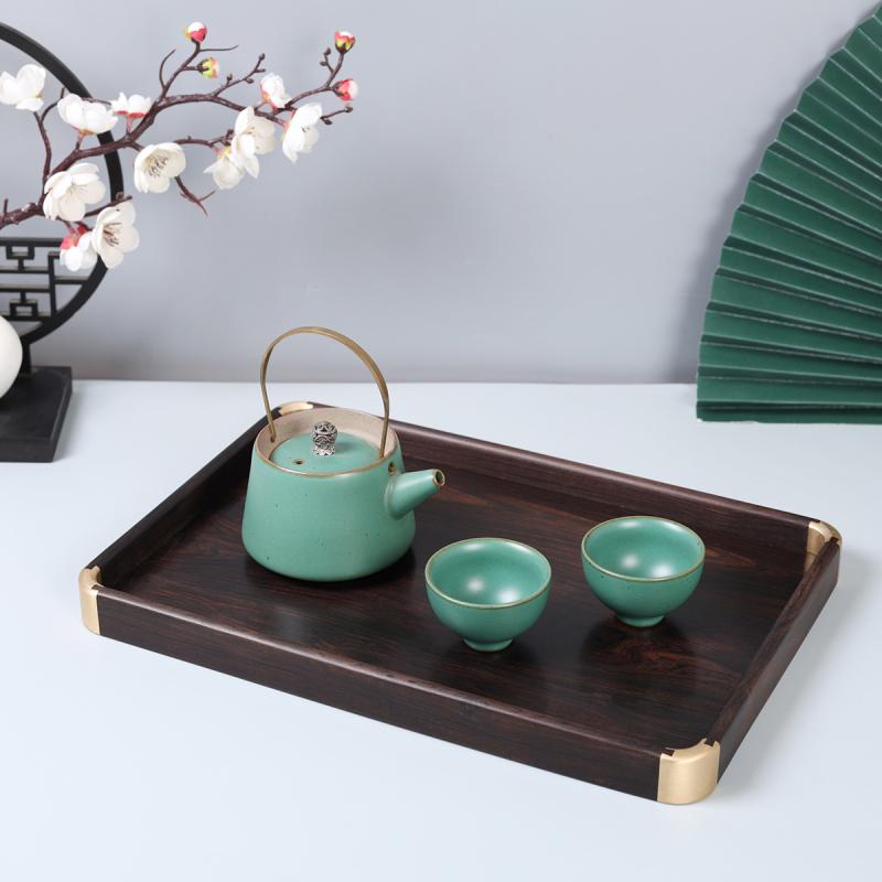 茶盤 実木 紅木 紫檀木 中華風 収納トレイ 小型 干泡台 銅角装飾 文様盤 桌面用 茶托 高級感 伝統デザ..