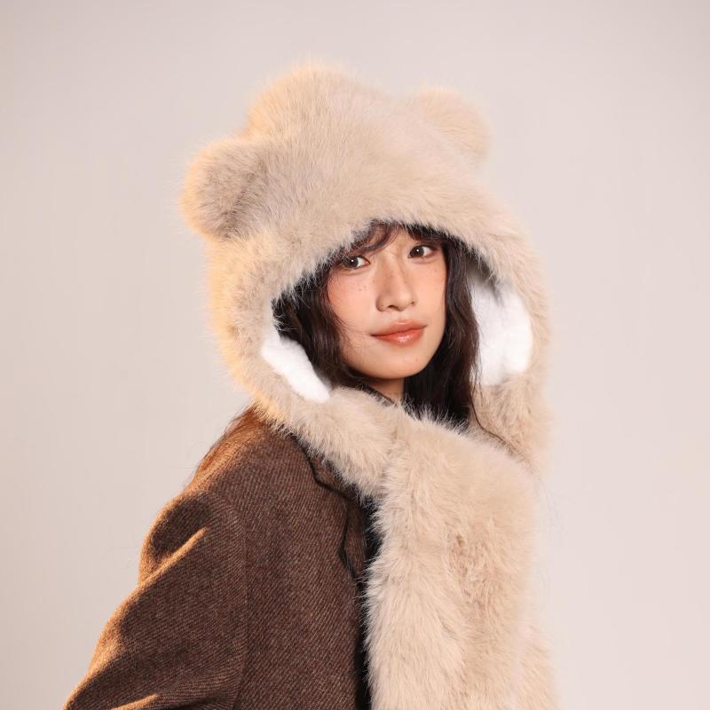 秋冬 レディース ボア耳付き帽子 マフラー一体 かわいい 暖か 厚手 アウトドア 耳保護帽 保暖 フワフワ素材 冬季 護耳 雷锋帽風