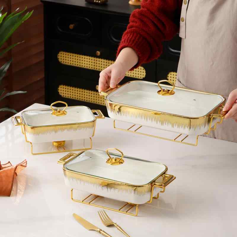 ベーキングトレイセット 陶器製 黒白 金箔入り 長方形 取っ手付き 北欧風 鉄製ラック 付き ホテル食器 ..