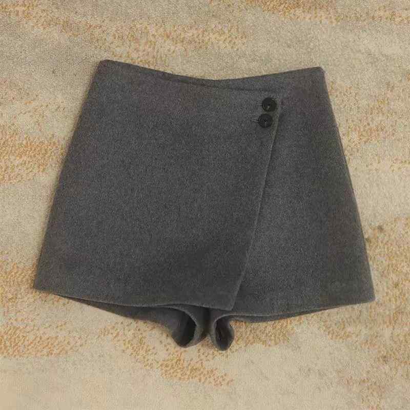 秋冬 レディース スカートパンツ ダークグレー ハイウエスト ウール混 スリム 脚長効果 小柄対応 外穿 ショート丈 暖か素材 スタイリッシュ コーデ 日常使い 着回し ボトムス ファッション トレンド アイテム 女性向け 秋物 冬物 グレー系 膝上丈