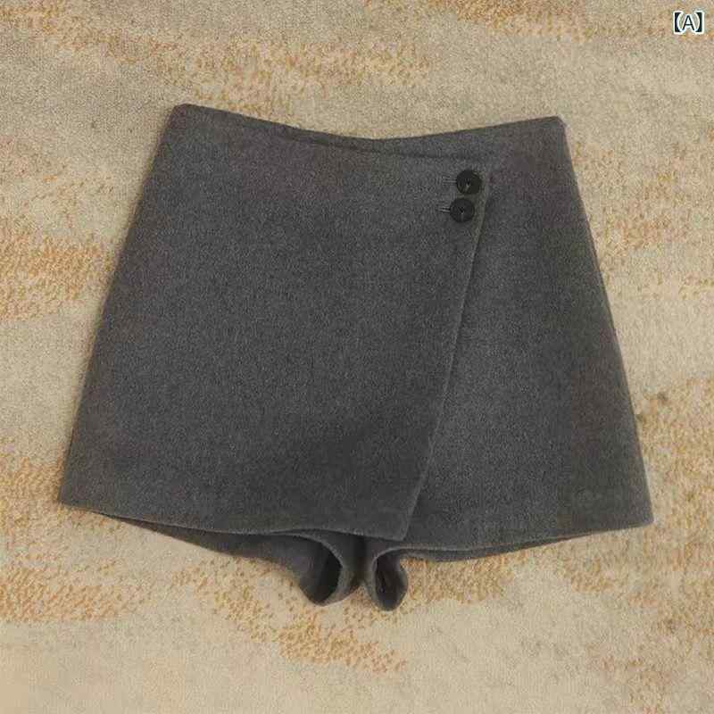 秋冬 レディース スカートパンツ ダークグレー ハイウエスト ウール混 スリム 脚長効果 小柄対応 外穿 ショート丈 暖か素材 スタイリッシュ コーデ 日常使い 着回し ボトムス ファッション トレンド アイテム 女性向け 秋物 冬物 グレー系 膝上丈