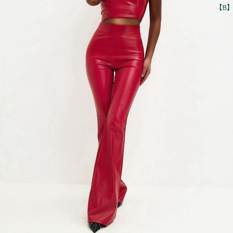 秋冬 レディース レザーパンツ ハイウエスト 光沢 PU ブラック フレア ロングパンツ スタイリッシュ ボトムス 吸湿速乾 軽量