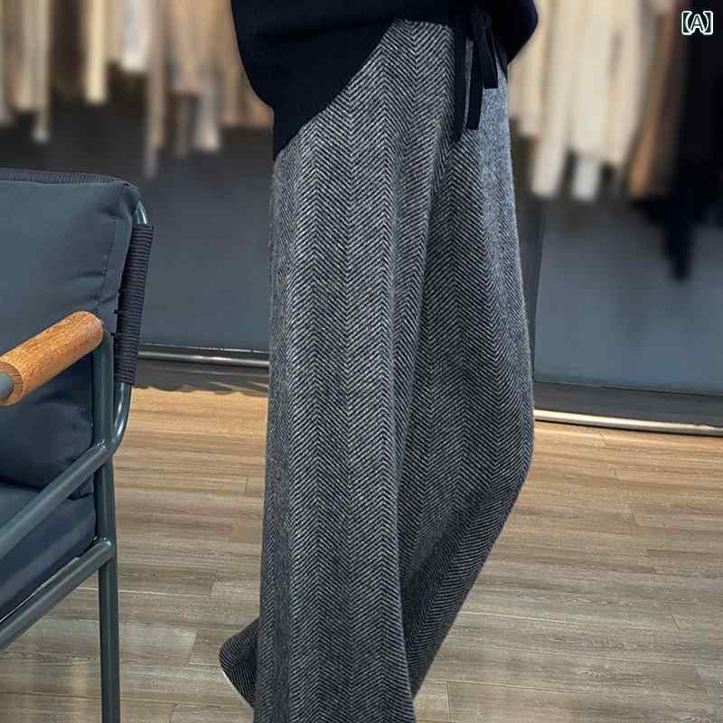 秋冬 レディース ウール ニット 人字柄 ワイドレッグパンツ ゆったり 厚手 ハイウエスト カジュアルパンツ ロング丈 暖か 防寒 日常使い ストレッチ 膝下丈 膝丈 ミドル丈 ロング丈 膝下丈 膝丈 ミドル丈