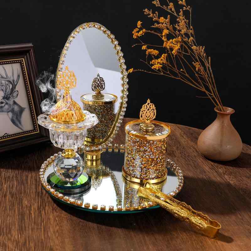 香炉 アラビア風 金色 鏡面ガラス セット 中東風 キャンドルホルダー 工芸置物 インテリア 香立て 化粧鏡型 装飾品 ギフト